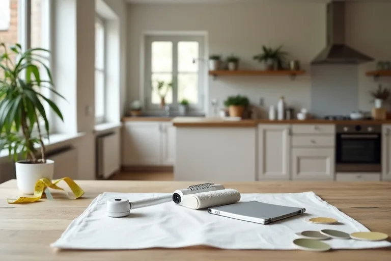 A calm lived-in room with a paint roller kit, measuring tape, and planning notes for a realistic remodel scope.