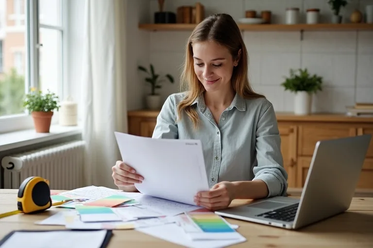 Calm home renovation planning with a laptop, notebook, and finish samples on a dining table