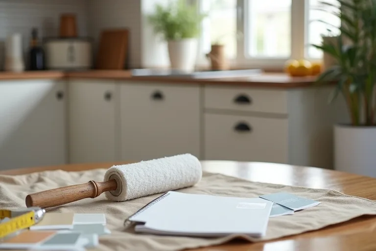 Planning notes and sample materials on a table in a lived-in room before a remodel.