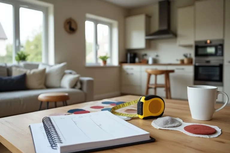 Planning notes and material samples arranged for room-by-room renovation scope and layout decisions