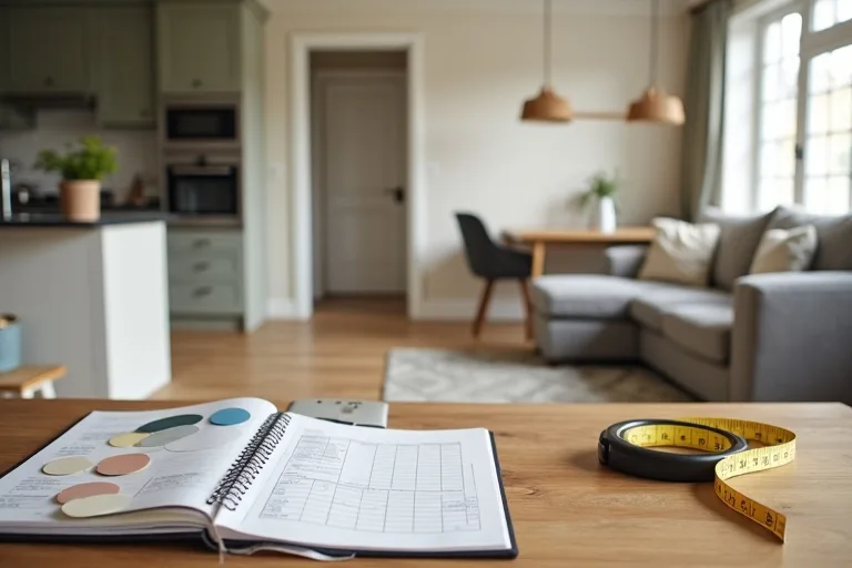 A calm home renovation planning scene with budget notes, measuring tape, and material samples in a lived-in kitchen and living area