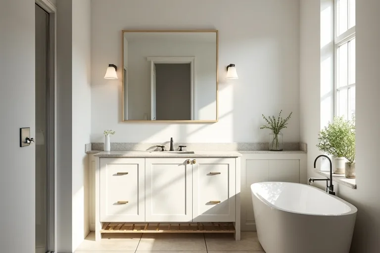 A simple bathroom vanity area where lighting and mirror placement drive the room's impact.