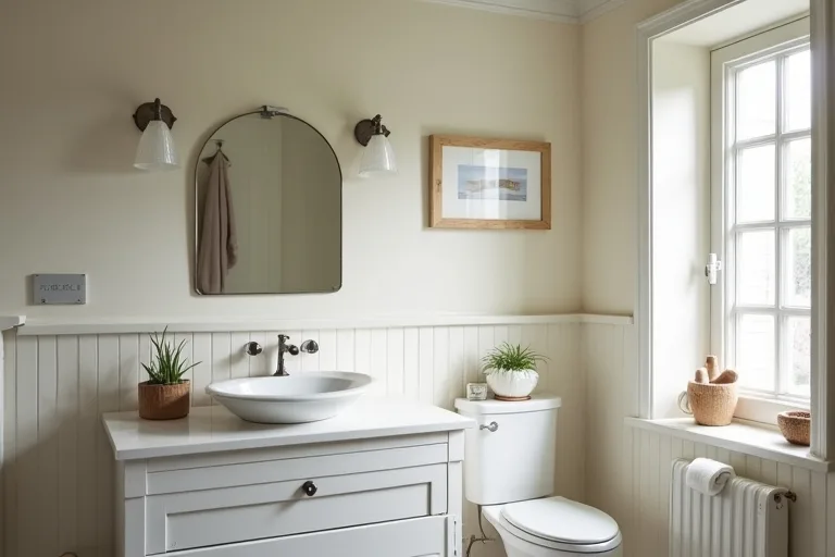 A calm, realistic bathroom with a visible vanity light zone and simple practical styling.