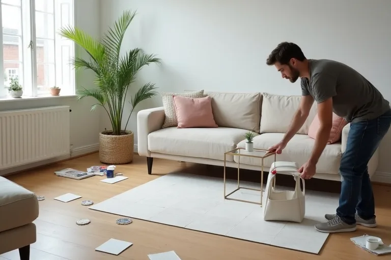 Budget-friendly upgrade supplies including paint planning materials and peel-and-stick flooring for a practical room refresh