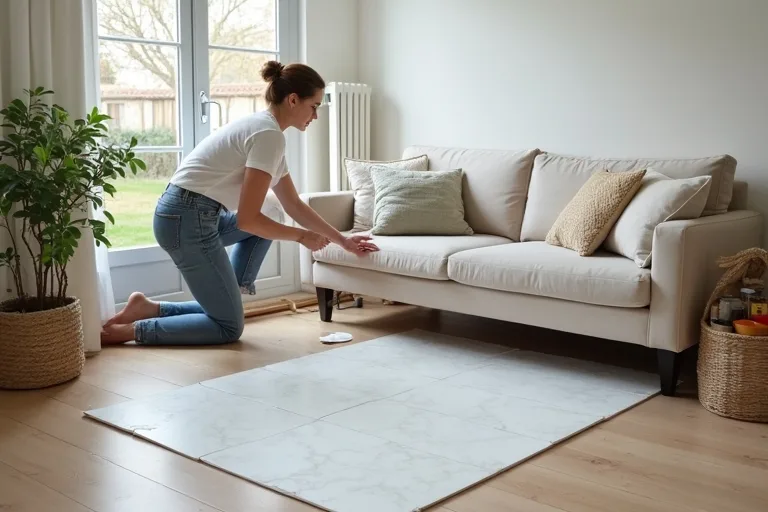 A calm lived-in living room with budget-friendly upgrade materials like peel-and-stick floor tiles and a paint roller kit