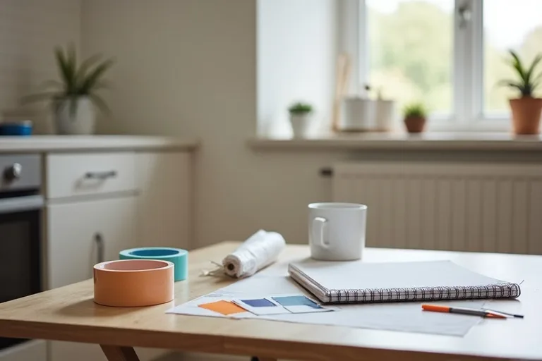 A modest bathroom or renovation planning scene with practical materials laid out for decision-making.