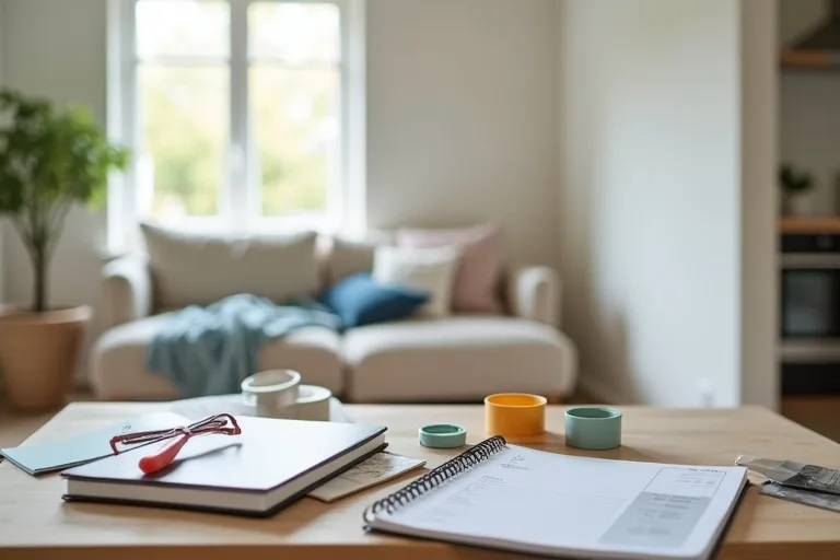 A calm home renovation planning scene with a paint roller kit, budget notes, and sample materials in a lived-in room.