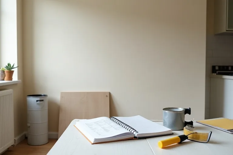 A simple renovation workspace with paint tools, notes, and sample materials used for early room planning.