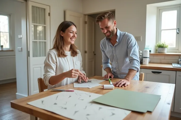 A calm home planning moment with renovation samples and a spreadsheet-style budgeting approach.