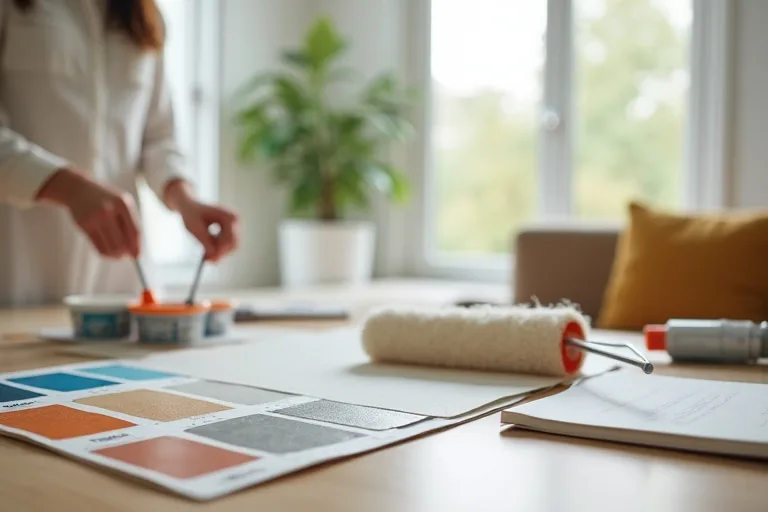 A homeowner planning budget-friendly home upgrades with paint samples, a roller kit, and peel-and-stick floor tile in a bright lived-in room.
