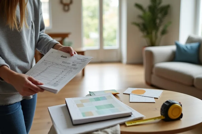 A homeowner reviewing a budget notebook, paint swatches, tape measure, and peel-and-stick floor tile sample in a bright lived-in room