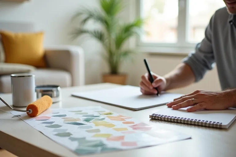 Paint swatches and simple tools laid out for a low-cost room refresh in a lived-in home.