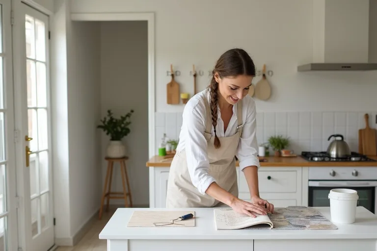 A homeowner comparing budget-friendly home upgrade materials at a table in a bright lived-in room.