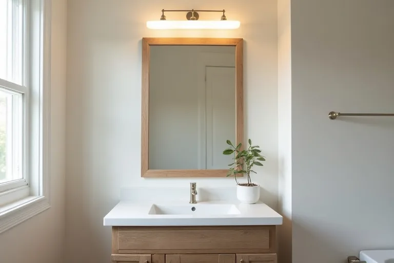A modest bathroom vanity area with an upgraded LED light fixture, neutral paint, and simple brushed hardware