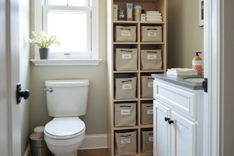 A small bathroom with compact storage solutions including shelves, fabric bins, and an organized vanity.
