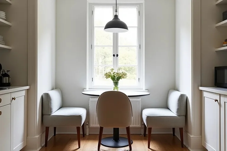 A bright breakfast nook with measured walking space around a properly sized table