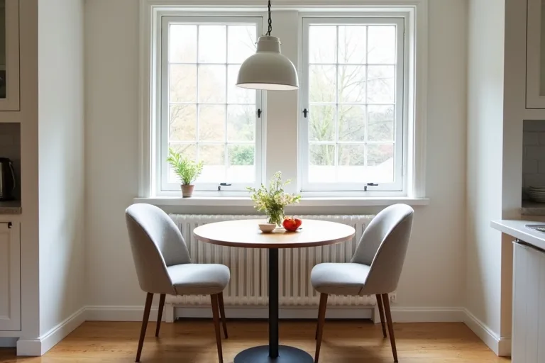 A small breakfast nook with a right-sized table and upholstered chairs in a bright kitchen-dining room