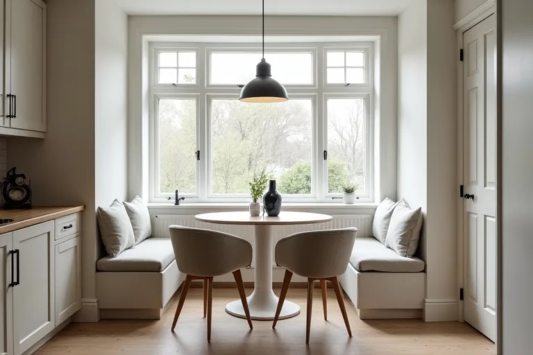 A simple pendant light and subtle styling that help a breakfast nook feel finished