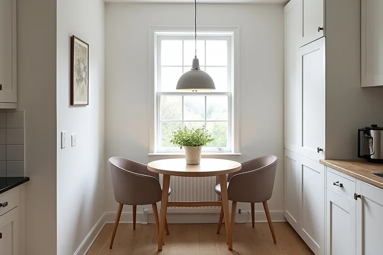 Upholstered dining chairs arranged around a small breakfast nook with easy traffic flow