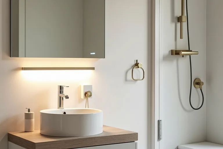 A tidy bathroom vanity area showing how lighting can change the feel of a small room