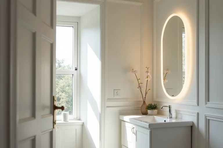A calm, practical bathroom vanity area with a modern LED light fixture above the mirror