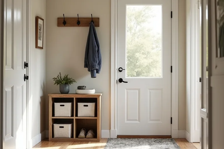 A small, tidy entryway with cube storage, fabric bins, wall hooks, and a clear walking path