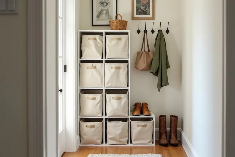 A calm small entry area showing how a more integrated storage solution can feel contained and organized