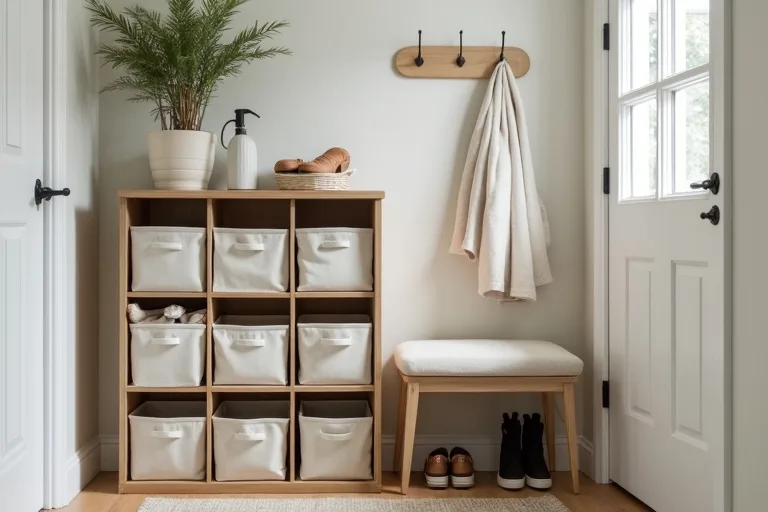 A compact entryway with cube storage, wall hooks, and a simple everyday storage setup