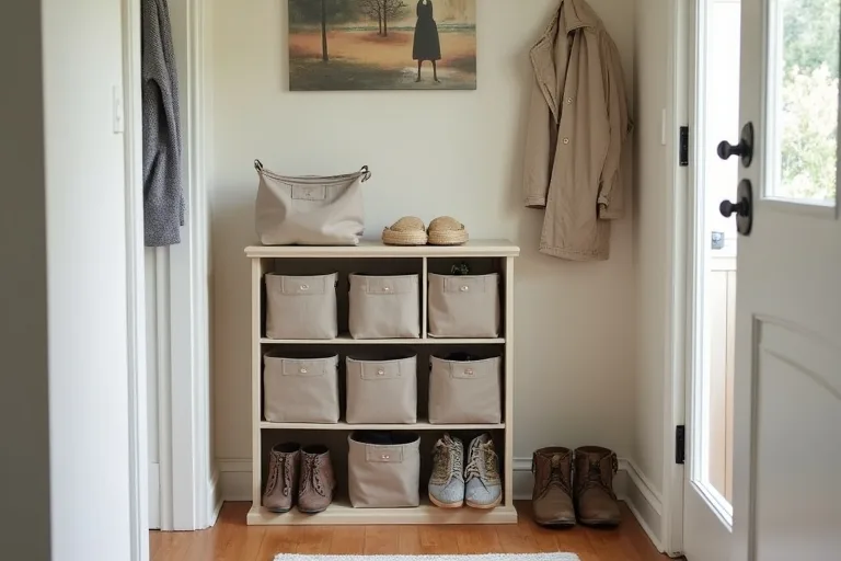 A small entryway with cube storage, fabric bins, hooks, and shoes arranged in a practical budget-friendly setup