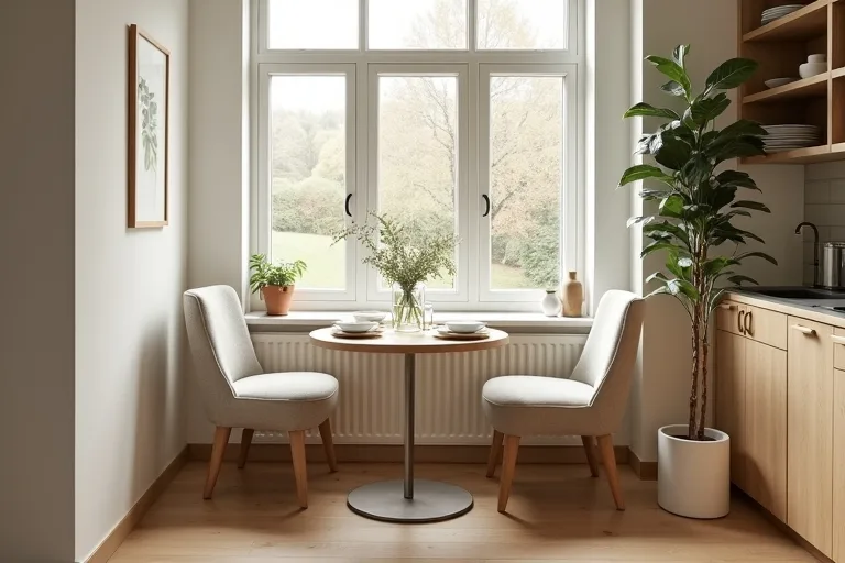 A small dining table arranged for a breakfast nook with clear walking space around it