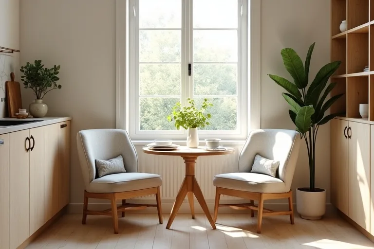 A calm kitchen dining corner with simple seating and a functional breakfast nook layout