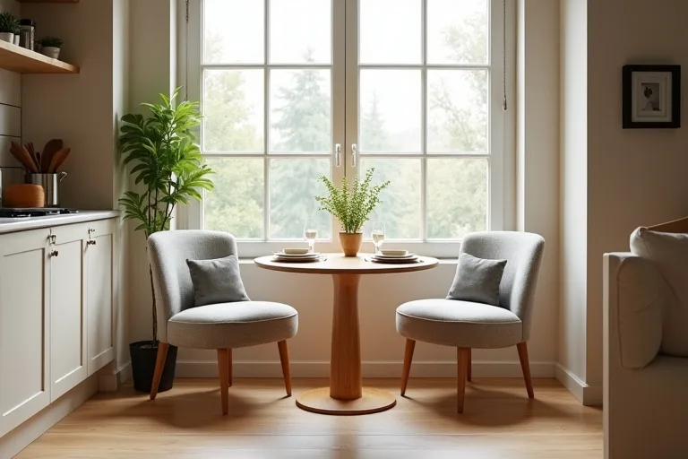 A compact breakfast nook near a window with a small table and comfortable seating
