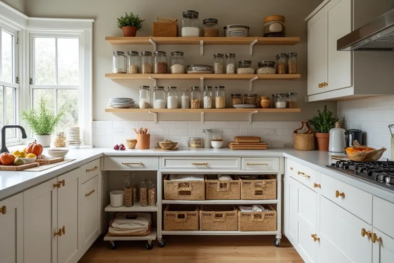 Open pantry shelving styled for clear visibility with everyday kitchen staples.