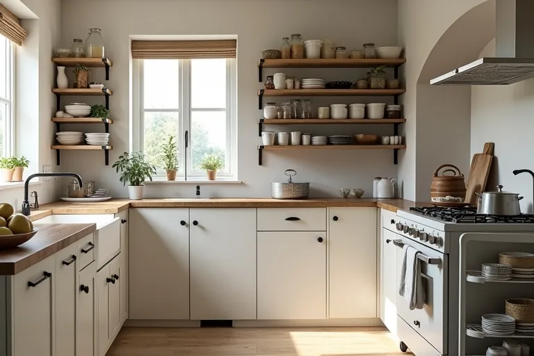 A lived-in kitchen pantry area with airtight containers and a rolling kitchen cart showing practical storage organization.