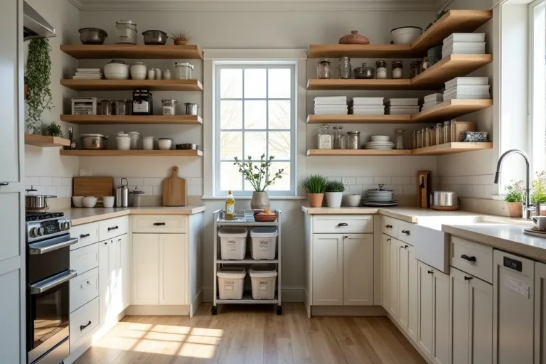 A practical pantry and kitchen storage setup with containers and a utility cart suited to planning decisions.