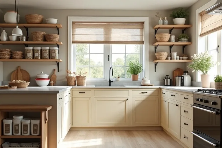 A bright, lived-in kitchen with organized storage, pantry containers, and a rolling kitchen cart beside the counter