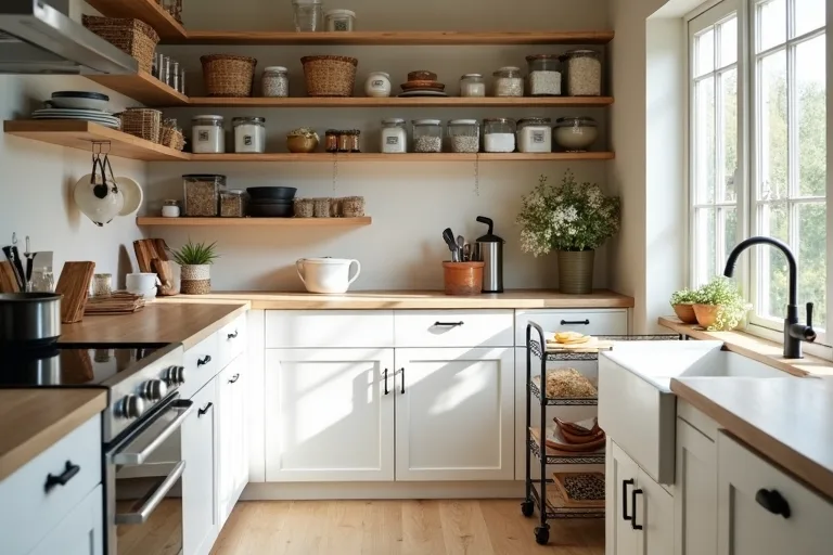 A compact rolling kitchen cart used as overflow storage beside a pantry.