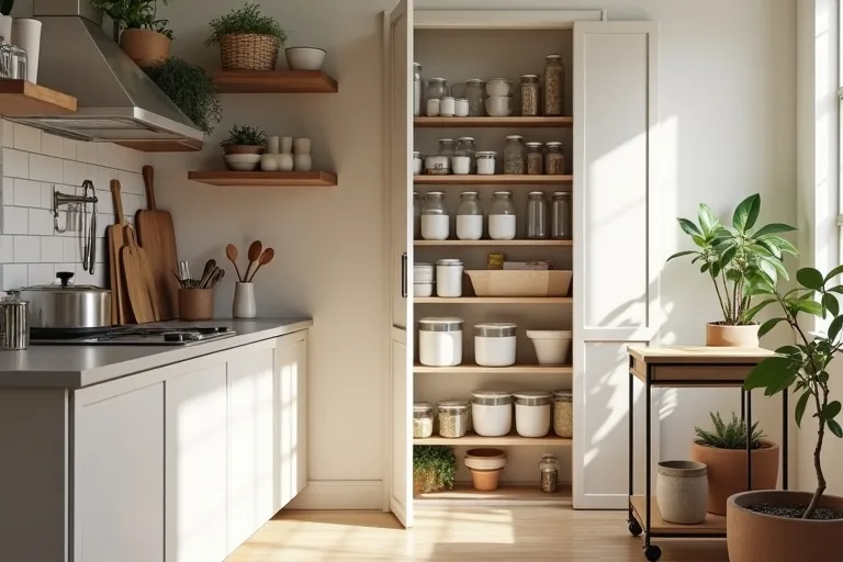 Open pantry shelves with a few matched containers and a little everyday variety