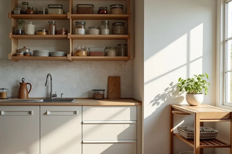 A compact pantry setup with shelves kept lightly filled for easier access
