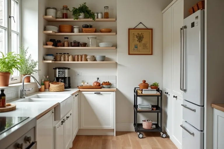 A calm home pantry with organized containers and a rolling kitchen cart in a practical kitchen corner