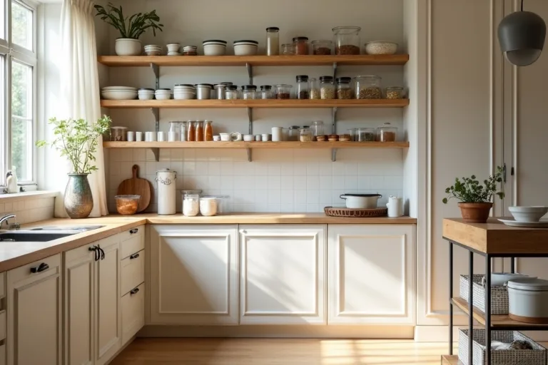 A practical pantry corner with simple containers and a nearby rolling storage cart