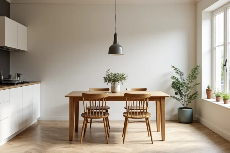 A practical dining area with a table and chairs positioned to show pull-out space and room clearance.