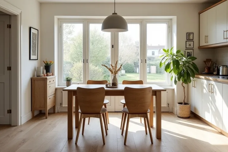 A dining table set in a lived-in kitchen-dining space with enough room around it to judge layout and movement.