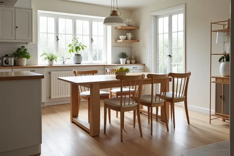 Dining chairs positioned beside a wooden table to help judge chair depth, width, and seating fit.