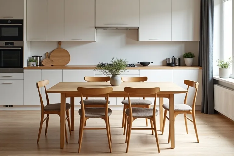 A bright kitchen-dining room with a wooden dining table and chairs arranged to show practical clearance and layout fit.