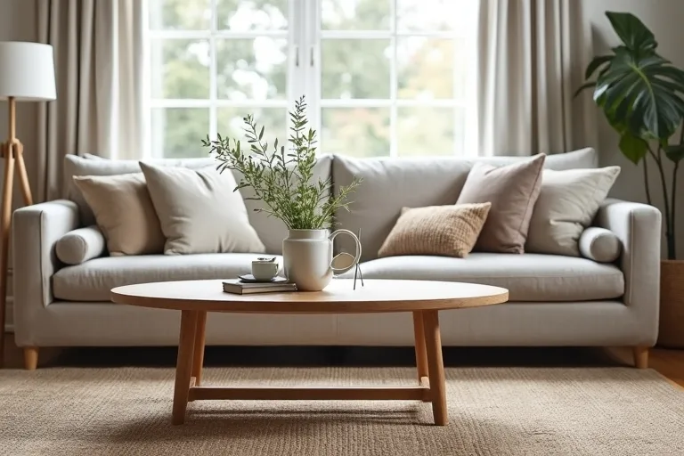 A calm living room with a warm wood coffee table styled in a simple, realistic way