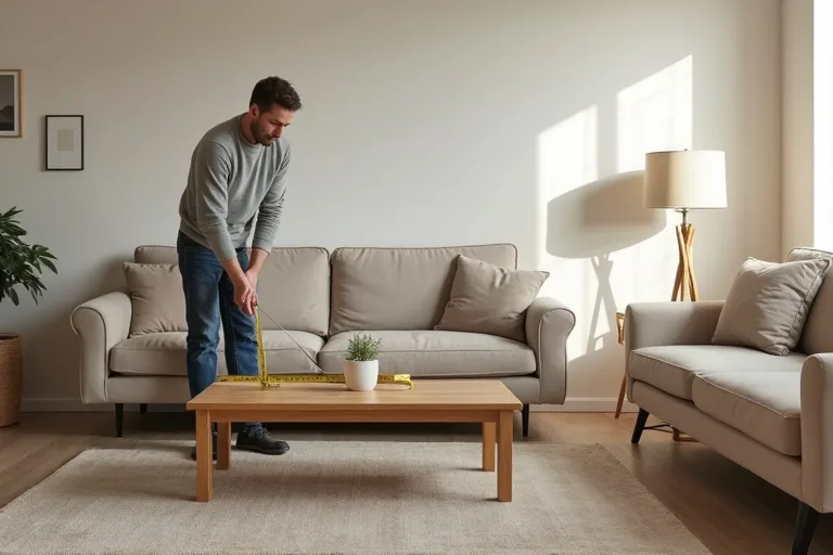 A measured seating area with clear walking space in front of a sofa and coffee table