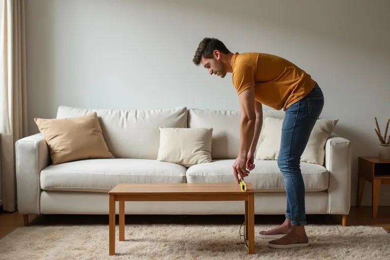 A living room with a sofa, wood coffee table, and a person measuring the layout before buying new seating