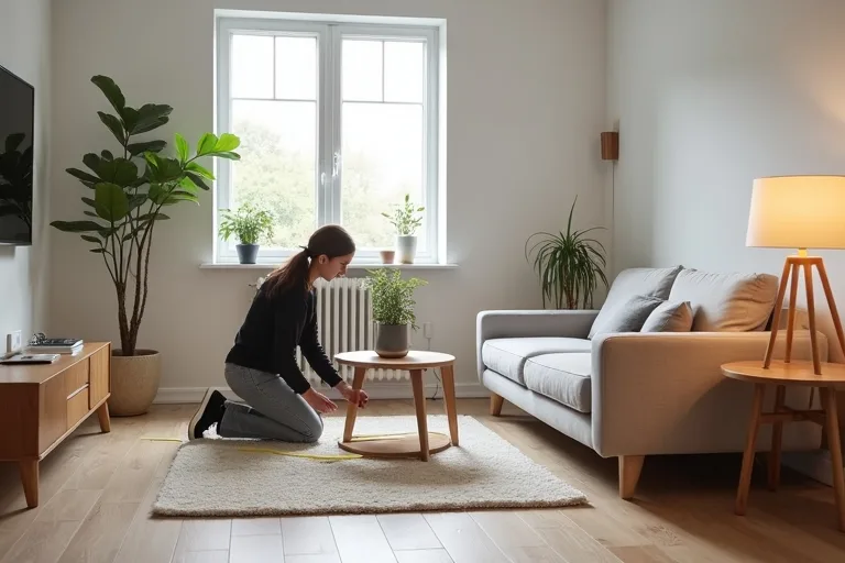 A measured living room floor around a sofa showing the room layout being planned before rearranging furniture.