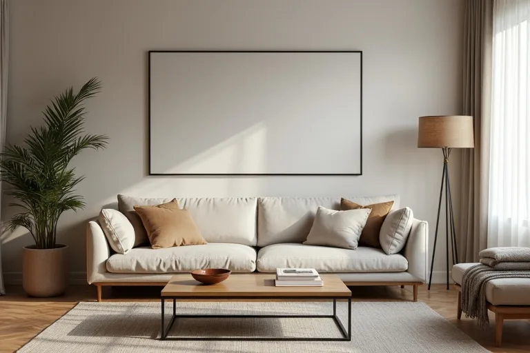 A calm living room with a coffee table shape that leaves room to move around the seating area